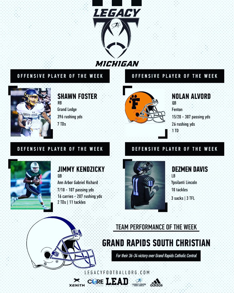 Congrats to Week 6 Legacy Michigan Team Performance &amp; Players of the Week! <a href="/GrandLedgeHS/">Grand Ledge High</a> <a href="/DezmenDavis24/">Dezmen Davis</a> <a href="/ShawnFoster22/">Shawn Foster</a> <a href="/JamesKendzicky/">James Kendzicky</a> <a href="/NolanAlvord03/">Nolan Alvord</a> <a href="/SCsailorFB/">South Christian Football</a> #Jointhemovement #Legacy