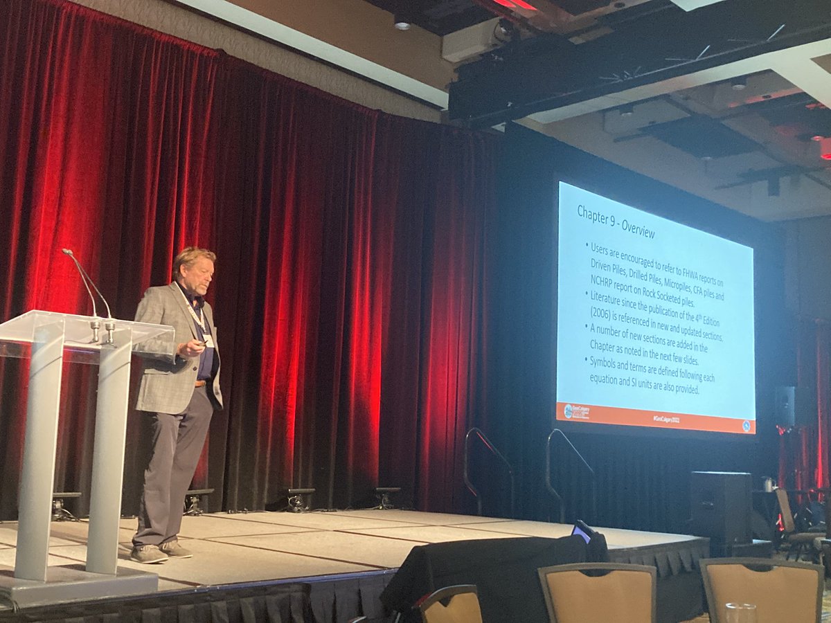 Ken Skaftfeld making a #GeoCalgary2022 plenary presentation with Rob Kenyon and others describing the status of the <a href="/CanadianGeotech/">The Canadian Geotechnical Society</a> Foundtn Engrg Manual upgrade project. Many important changes. Stay tuned for release next spring. Thanks Ken, Rob &amp; their team of >100 contributors