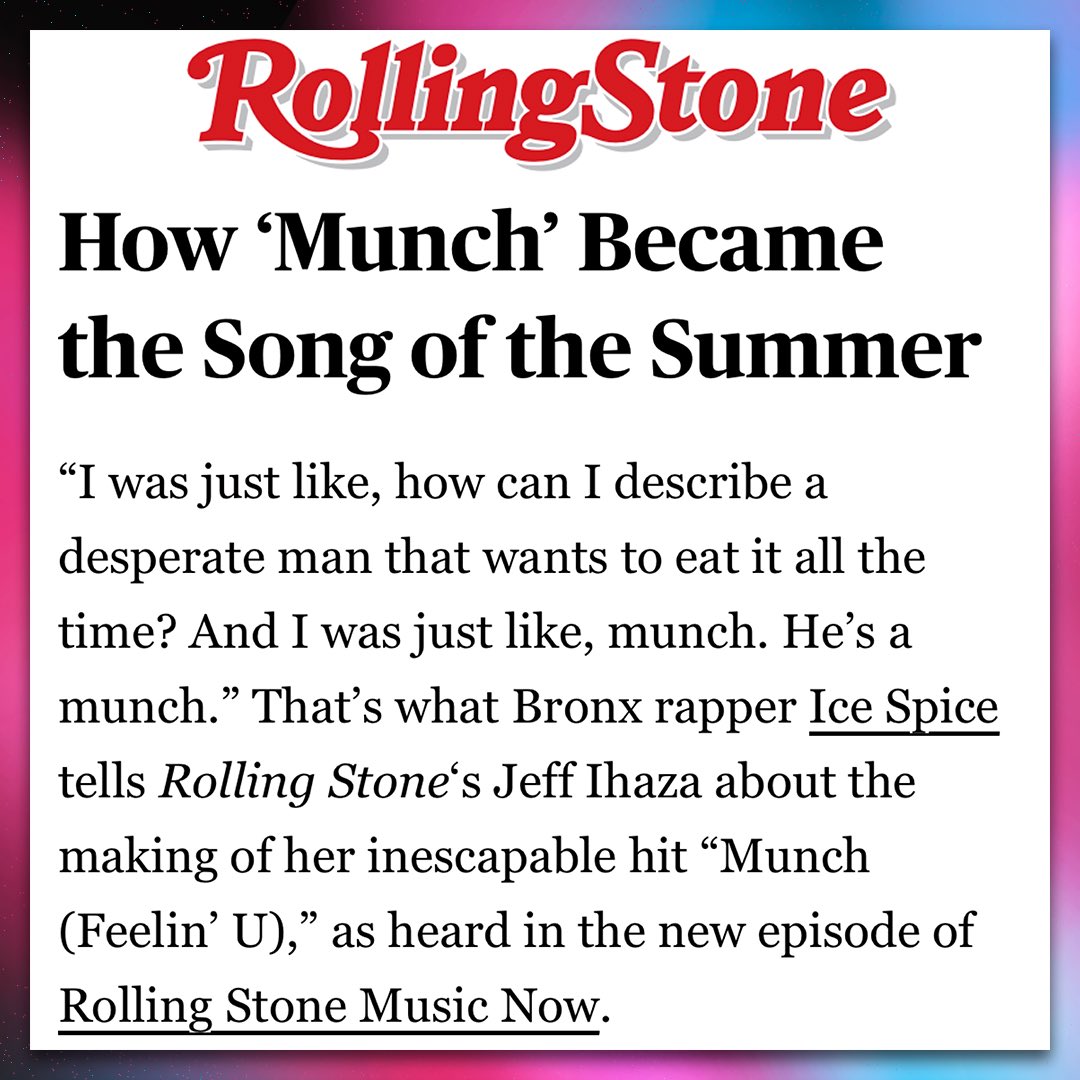createmusic's tweet photo. If Summer 2022 had a soundtrack “Munch (Feelin’ U) would definitely be on it! 🚀
 #IceSpice  in #RollingStone ‘s
Podcast — Rolling Stone Music Now 

#CreateFam #WorldstarFam https://t.co/qOfFuMwNFn