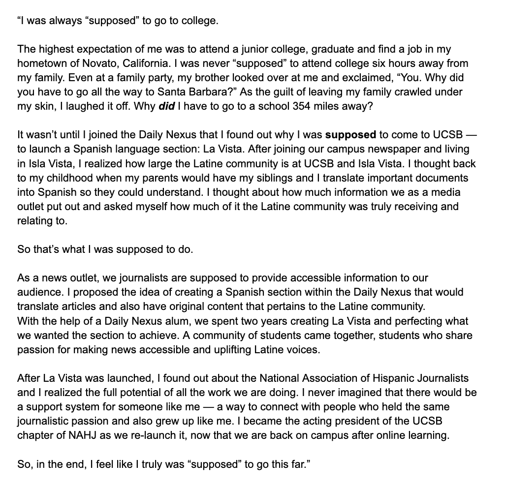 HumansofUCSB's tweet image. 𝐏𝐫𝐢𝐜𝐢𝐥𝐚 𝐅𝐥𝐨𝐫𝐞𝐬 
𝐋𝐚𝐧𝐠𝐮𝐚𝐠𝐞, 𝐂𝐮𝐥𝐭𝐮𝐫𝐞 𝐚𝐧𝐝 𝐒𝐨𝐜𝐢𝐞𝐭𝐲 𝐌𝐚𝐣𝐨𝐫/ 𝟑𝐫𝐝 𝐲𝐞𝐚𝐫

“I was always 'supposed' to go to college."