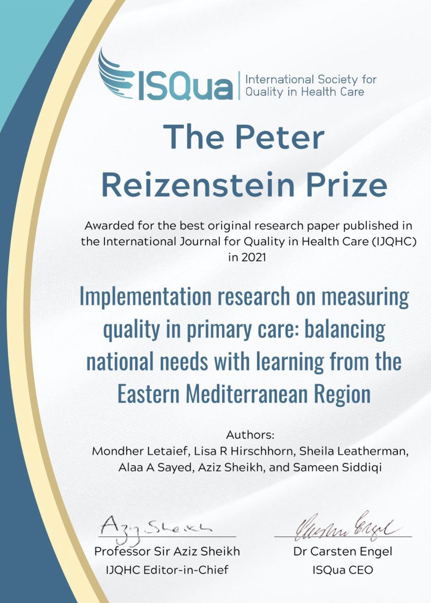 Mondher_Letaief's tweet photo. @WHOEMRO @AwadMataria honored by winning the 21 Reizenstein Award for our paper ‘Implementation research on measuring quality in primary care: balancing national needs with learning from the Eastern Mediterranean Region’ published in the International J for Quality in Health Care https://t.co/ZXRo58bfp9