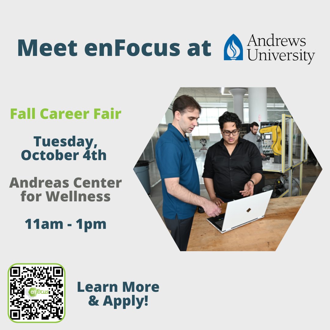Good evening, Andrews University students!

enFocus will be participating in the Fall Career Fair tomorrow morning in the Andreas Wellness Center on campus. We hope you're able to stop by and see us!

And, scan the QR code below to apply for our open positions!