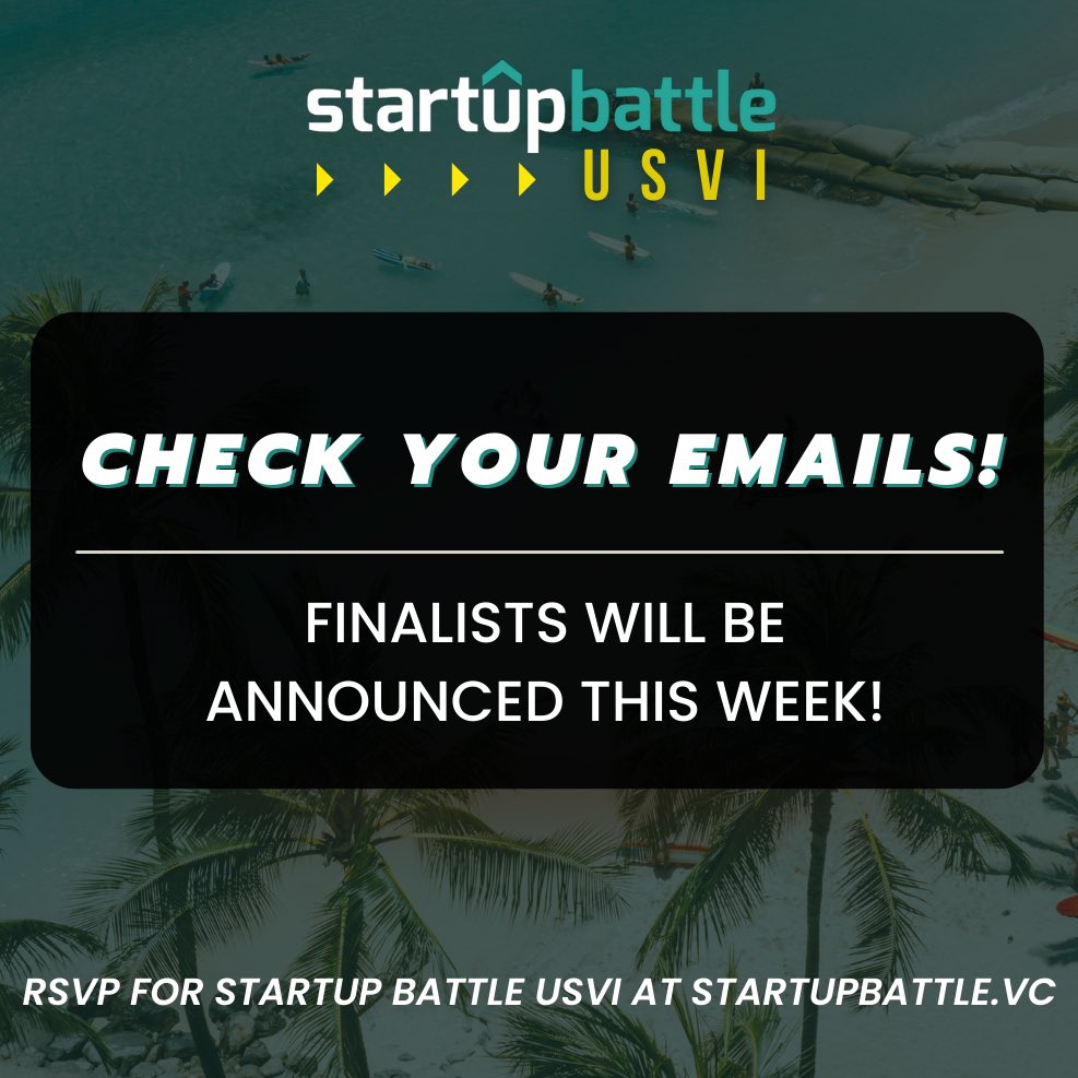 USVI‼️⁠🌴⁠
⁠
Finalists will be announced this week! Are you ready to find out who will be competing for the $100K investment in 3 weeks⁉️🚀⁠
⁠
If you're want to attend Startup Battle USVI, you can RSVP for free at⏩ startupbattle.vc