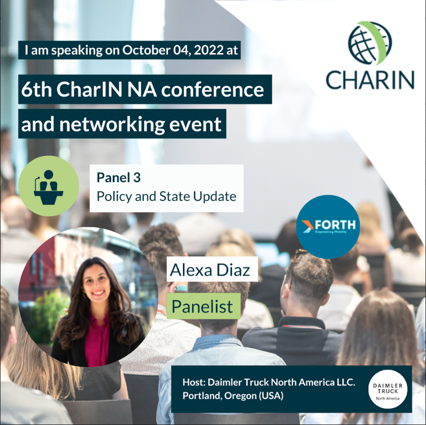 ForthMobility's tweet photo. Catch Forth's Senior Policy Manager, @alexaraediaz at the #CharIN #Testival on the "Policy and State Updates" panel on October 4. https://t.co/Jp5GimdWHD