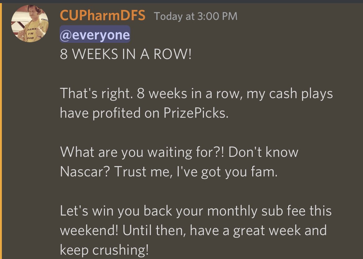 DionBoykin1's tweet photo. I keep saying it over and over you don’t have to just come for the Women’s basketball picks I know how much y’all love them lmao but my brother @CUPharmDFS has been crushing ALL things Nascar related get signed up today use that $10 family https://t.co/9Xqho8zblZ