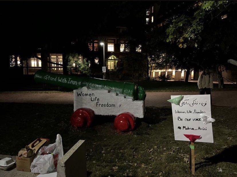 UGYL's tweet photo. We stand with the @guelphgisa in condemning the tragic death of Masha Amini and the painting over of the cannon. 🇮🇷

Read our statement below and see what the cannon should have looked like this morning. 

#sayhername #mashaamini #womenlifefreedom https://t.co/tt3BiEnNke
