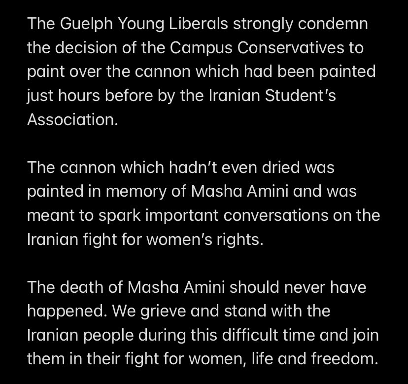 UGYL's tweet photo. We stand with the @guelphgisa in condemning the tragic death of Masha Amini and the painting over of the cannon. 🇮🇷

Read our statement below and see what the cannon should have looked like this morning. 

#sayhername #mashaamini #womenlifefreedom https://t.co/tt3BiEnNke