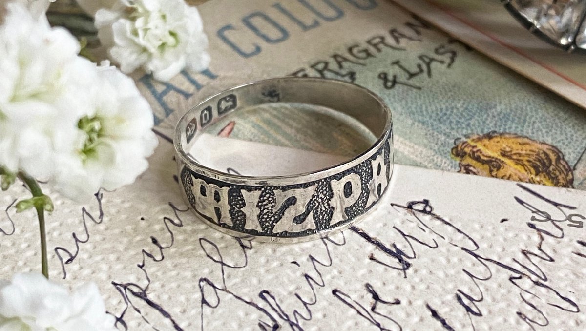 A_Antiquarian's tweet photo. Been editing antiques jewelry photos all afternoon and I can't see straight. This Mizpah ring is headed to the shop soon. #antiquejewelry #vintagebling #Victorianring https://t.co/m9HLEPrSdn