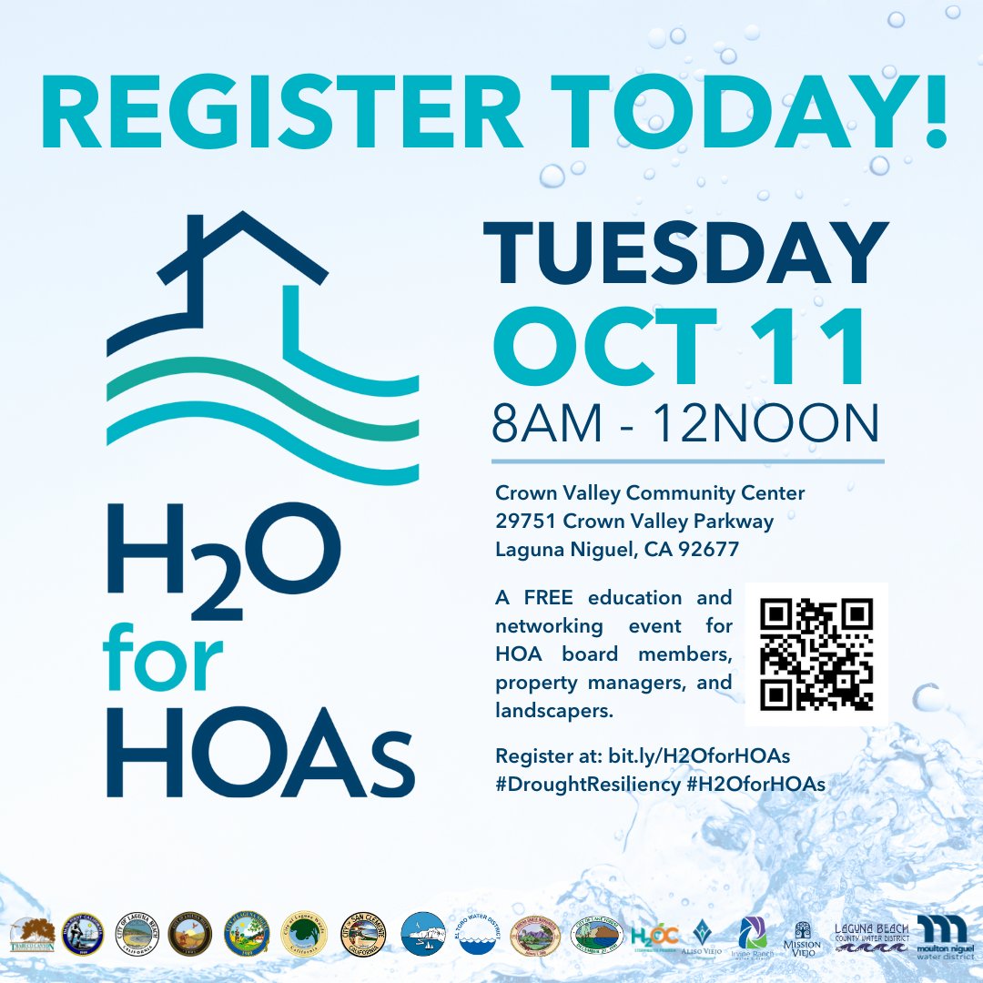 eltorowater's tweet photo. Calling all ETWD HOA communities! Register today for the H20 for HOAs event next Tuesday, October 11, 2022 at the Crown Valley Community Center in Mission Viejo.
Register at: https://t.co/iFcU67pAGP https://t.co/0SfLhCXLqU