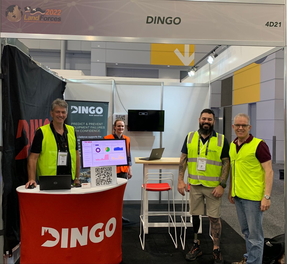 Team #DINGODefence are ready to launch at #LandForces2022 at the #BCC! Pop into stand 4D21 today, tomorrow or Thursday and see some demos of our #intelligence app for reporting, and field inspection #digital #mobile forms.
