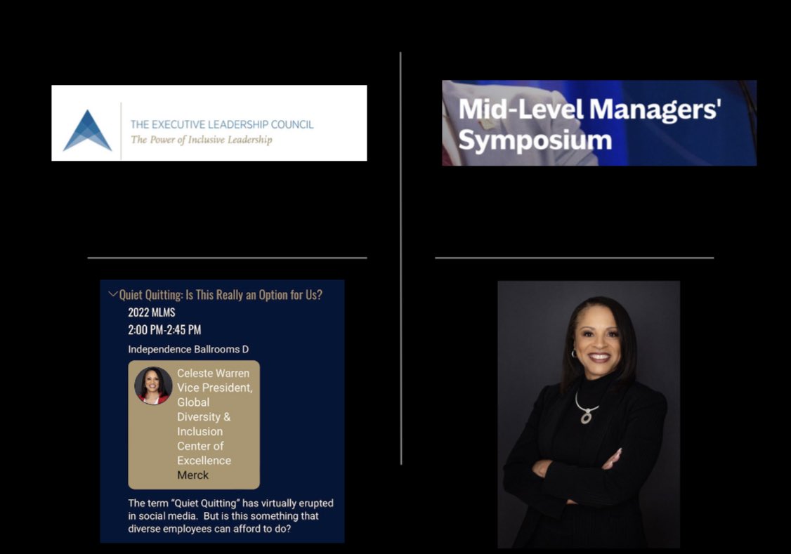 CRWDiversity's tweet photo. If you are attending the @elcinfo MLMS, stop by the Merck sponsored Workshop this week.  Would love for you to join me in the conversation around Quiet Quitting!   #MLMS2022  Learn more here: https://t.co/0dy7dzSOts  
#MLMS22 https://t.co/Dpb218Sy7R