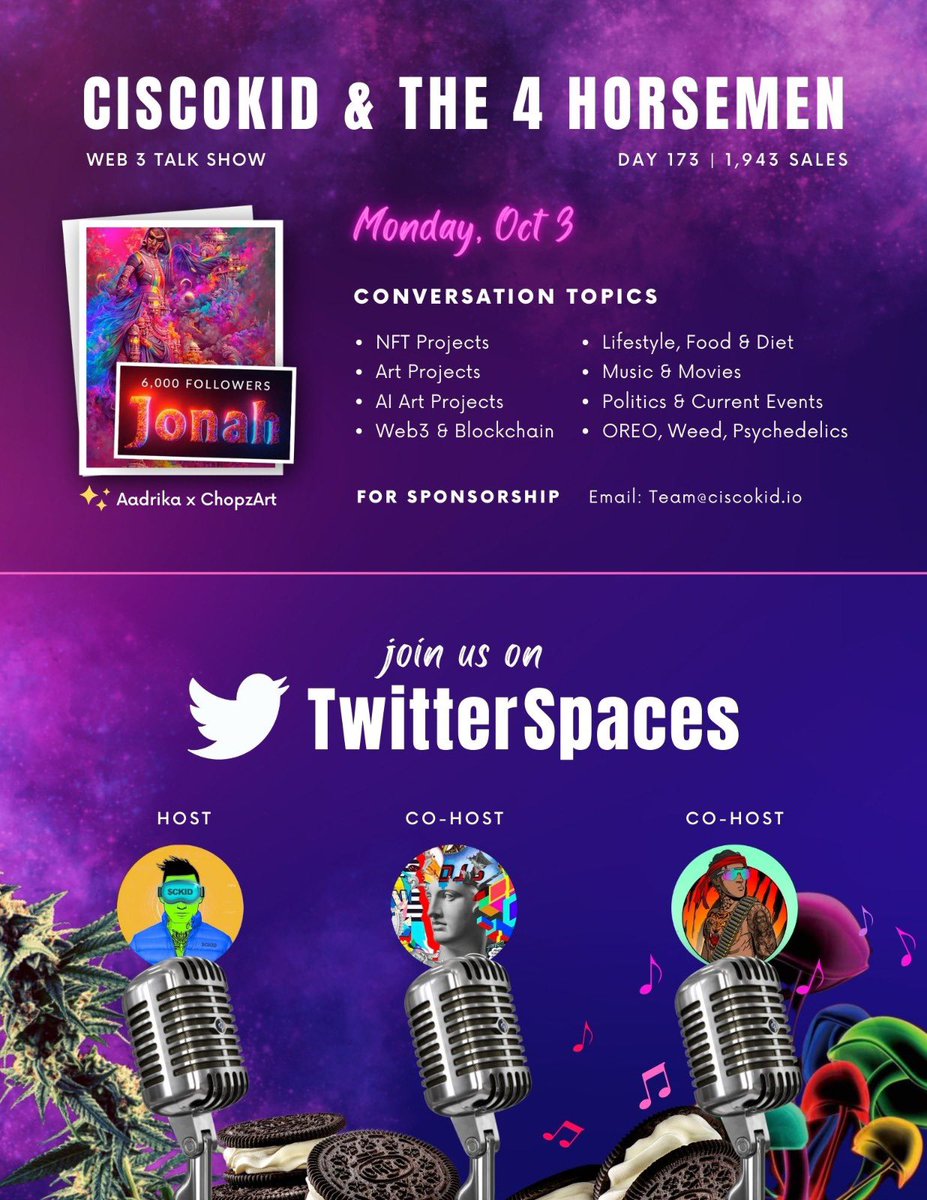 🔱 #NFT &amp; #Art Project shilling 🐳  watching 👀 |1️⃣7️⃣3️⃣Straight Days |1️⃣,9️⃣4️⃣3️⃣Sales💰

🌎 Web3 NFT Talk Show  
🎙<a href="/sporkfineart/">Dominic LaRiccia</a> 
🎙@ciscokidcoin 
🎙<a href="/tattoobumnft/">Tattoo Bums and Betties</a> 

🎯Future Sponsors 
🍪<a href="/Oreo/">OREO Cookie</a> 
🥤<a href="/DietDrPepper/">Diet Dr Pepper</a> 
🥜<a href="/MrPeanut/">Mr. Peanut</a> 

🎗️Set a reminder for our show 👇 
x.com/i/spaces/1eaKb…