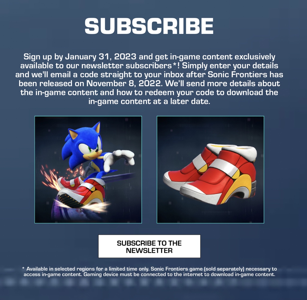 Sonic Frontiers Newsletter Subscribers Are Getting FREE Sonic