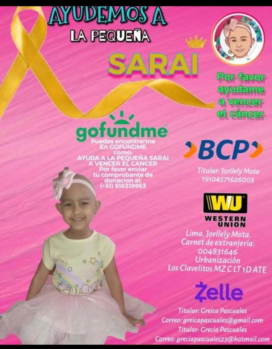 #03Oct #ServicioPúblico #URGENTE  Ayudemos a esta princesa #Venezolana con #Cancer #Meduloblastoma #GoFundMe #Zelle se encuentra en #Lima #Peru Cada granito de arena suma Yape +51 916 319 963 <a href="/Mmorin_informa/">Marcos G Morin Aguirre 🌎</a> <a href="/SergioNovelliE/">Sergio Novelli</a> <a href="/isnardobravo/">Isnardo Bravo</a> <a href="/ReporteYa/">Reporte Ya</a>