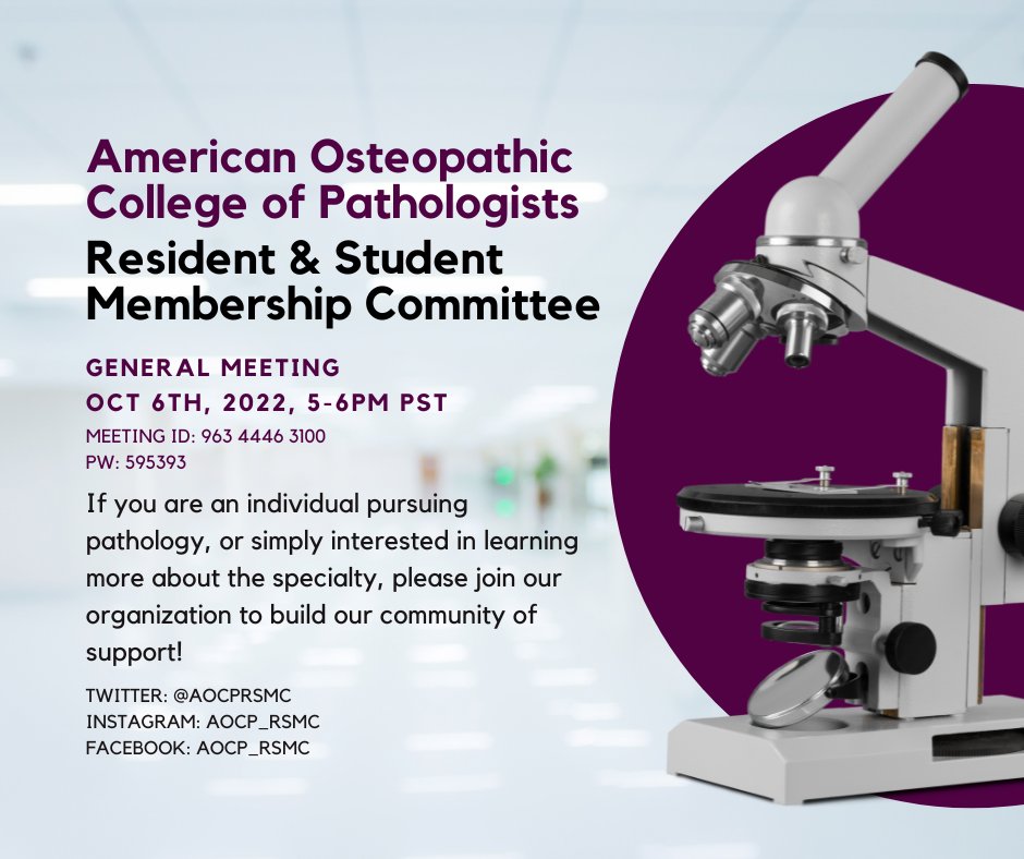 Hey everyone! Reminder that our organization has an upcoming meeting this Thursday, Oct 6th at 5-6pm PST, and every student interested in pathology is welcome to come!
