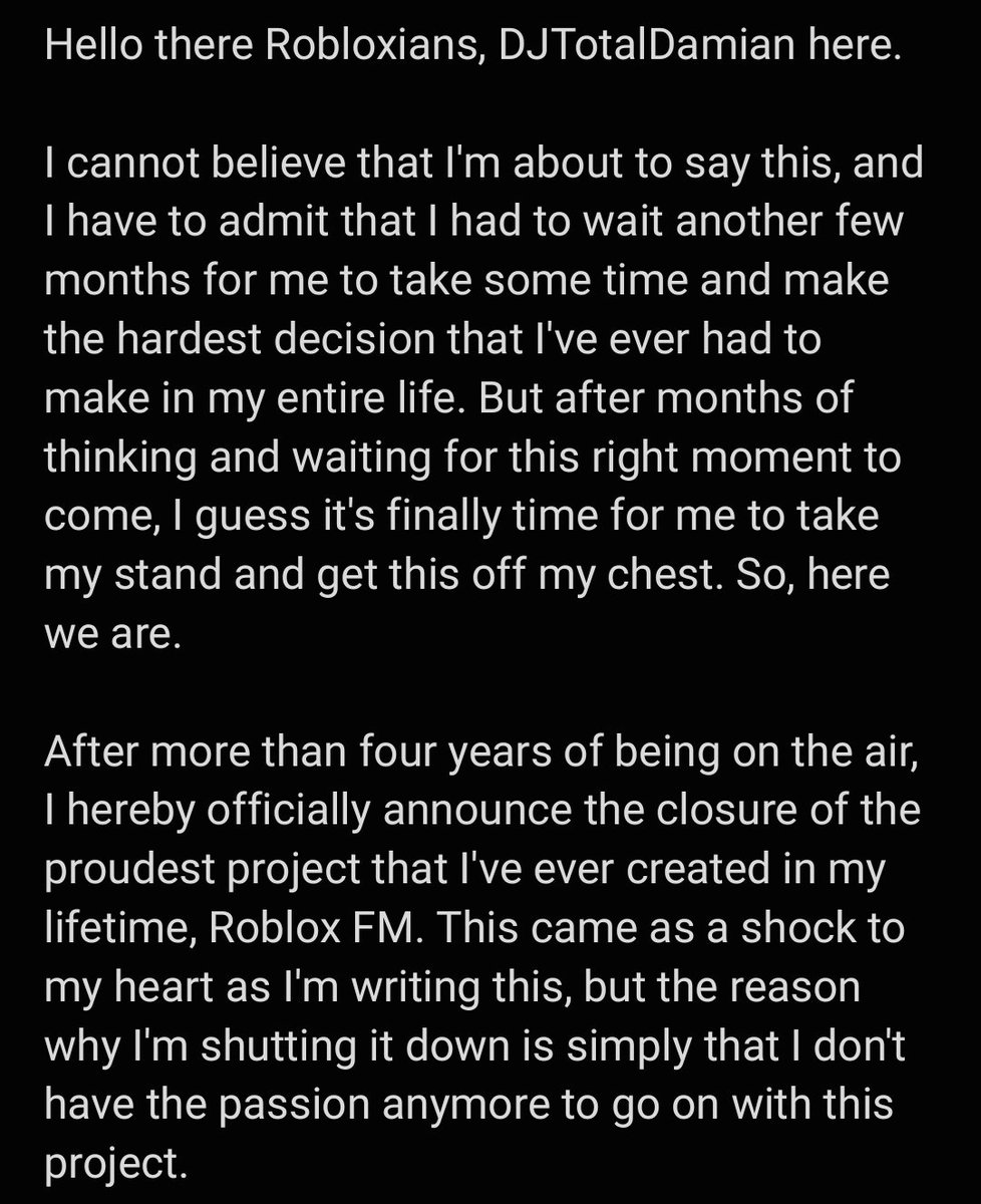 TotalDamian_RBX's tweet image. After all these amazing five years, it's time to move on with my life. @RBXFM_Official
Thank you for everything Robloxians! ❤️