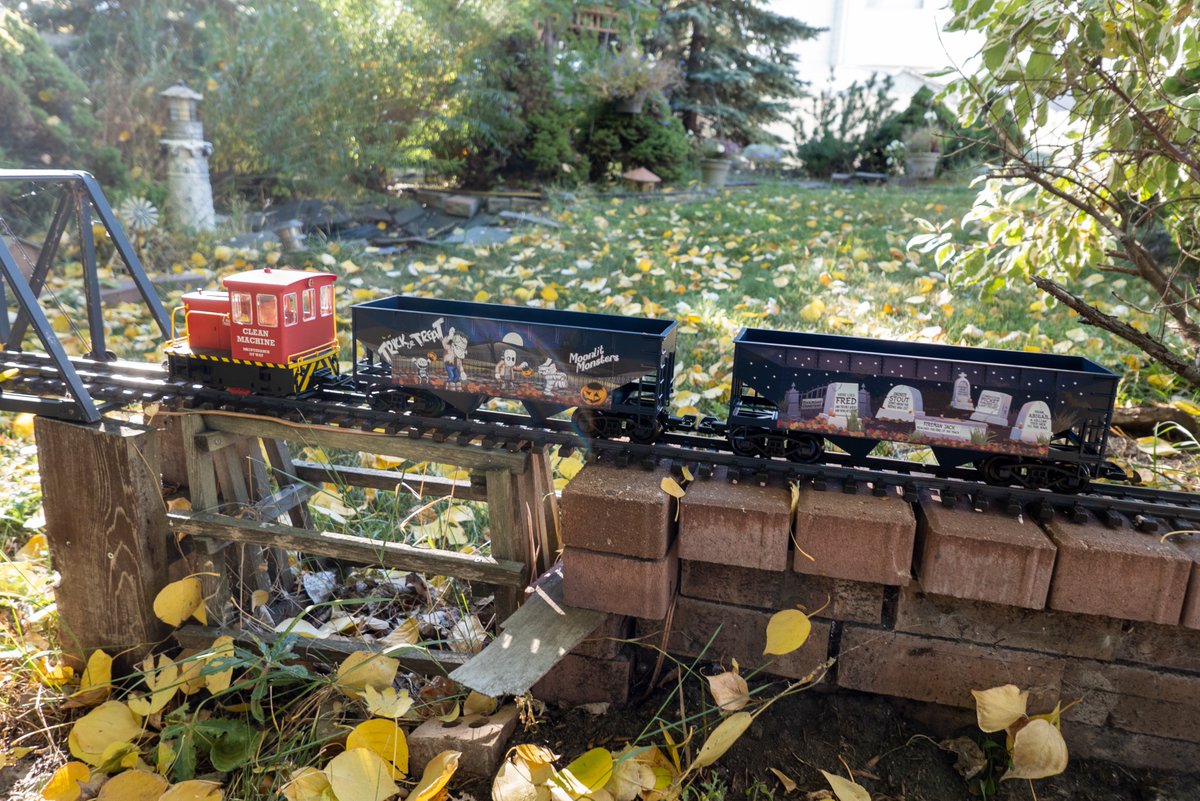 Smith__mj's tweet photo. The Crocus & Bleak Railway is getting into the spirit of Hallowe'en. These hopper cars will haunt the road superintendent and make a spooktacular train.
@PIKOAmerica #gardenrailway #gardenrailroad #Halloween2022 https://t.co/xzVpQHYlqg