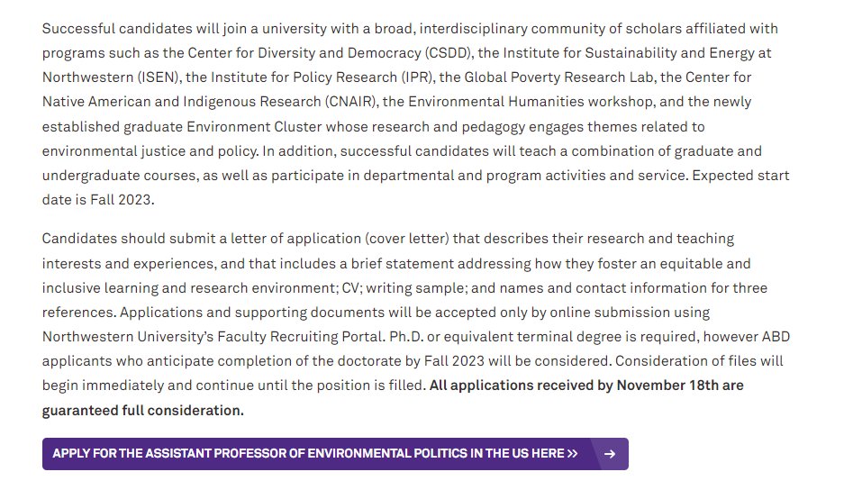 🚨More Jobs!!!🚨

<a href="/PoliSciatNU/">Northwestern Political Science</a> &amp;  the Program in Environmental Policy and Culture at Northwestern University invite applications for a TT Assistant Professor of Environmental Politics in the United States polisci.northwestern.edu/about/faculty-…

#PSJMinfo #poliscijobs <a href="/womenalsoknow/">womenalsoknowstuff</a> @POCalsoknow