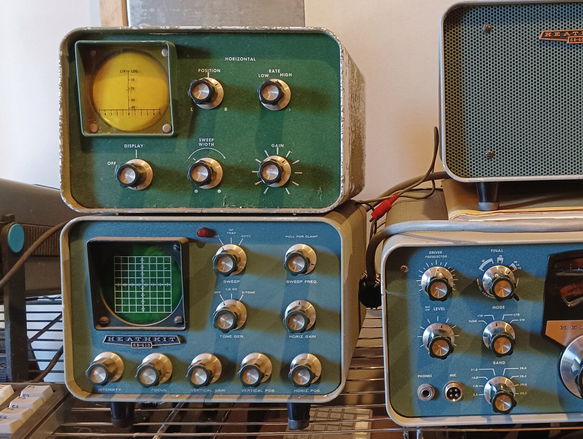 kr4dio's tweet photo. Can anyone help identify the #AmateurRadio device in the upper left of this photo? It looks similar to the SB-620 Scanalyzer, but doesn't have enough knobs. The panel is also a different green to the rest of my Heathkit SB-series equipment. https://t.co/e23xPnSs9K