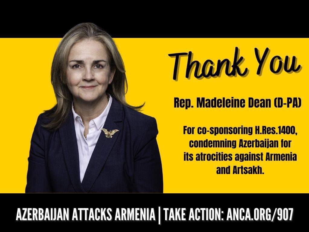 ANCPA's tweet photo. Thank you @RepDean for supporting H Res 1351 (Condemning Azerbaijan's unprovoked military attack on Armenia) + H Res 1400 (Condemning atrocities committed by the Republic of Azerbaijan). In 2020, +half of the PA delegation signed on to similar legislations during the Artsakh War. https://t.co/tcCOi4JN6Y