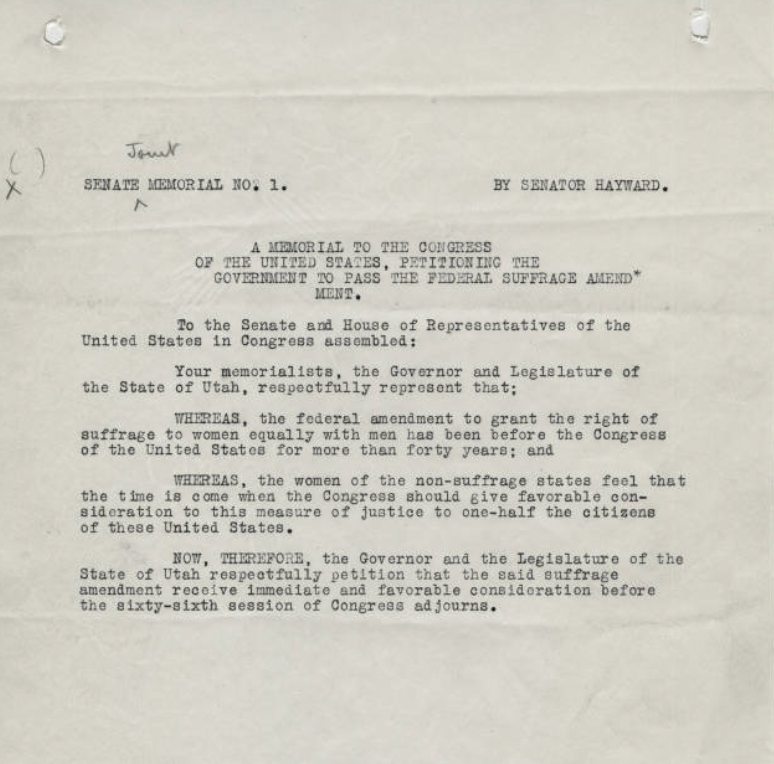 BetterDays2020's tweet photo. Elizabeth Hayward was a state senator in 1919 and also a committed suffragist. She introduced the resolution to ratify the #19thAmendment and it was signed by the governor #OTD in 1919. Senator Hayward's resolution is in the @UtahArchives
#herstory #VotesforWomen #FirstToVote https://t.co/laETsgmni5