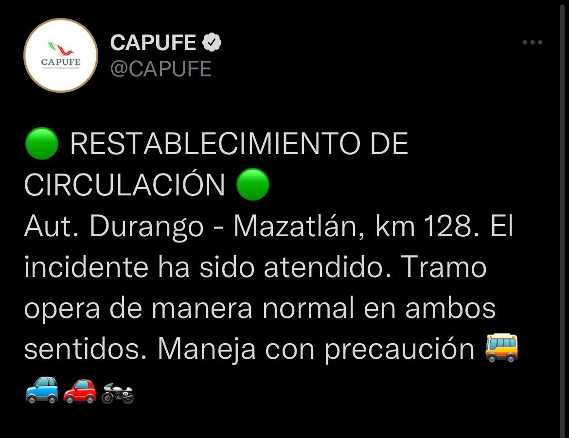 ContactoHoy's tweet photo. 🏁🏁 Informa CAPUFE que se ha restablecido la circulación en la súpercarretera Durango-Mazatlán. https://t.co/6gmYx0w5yv