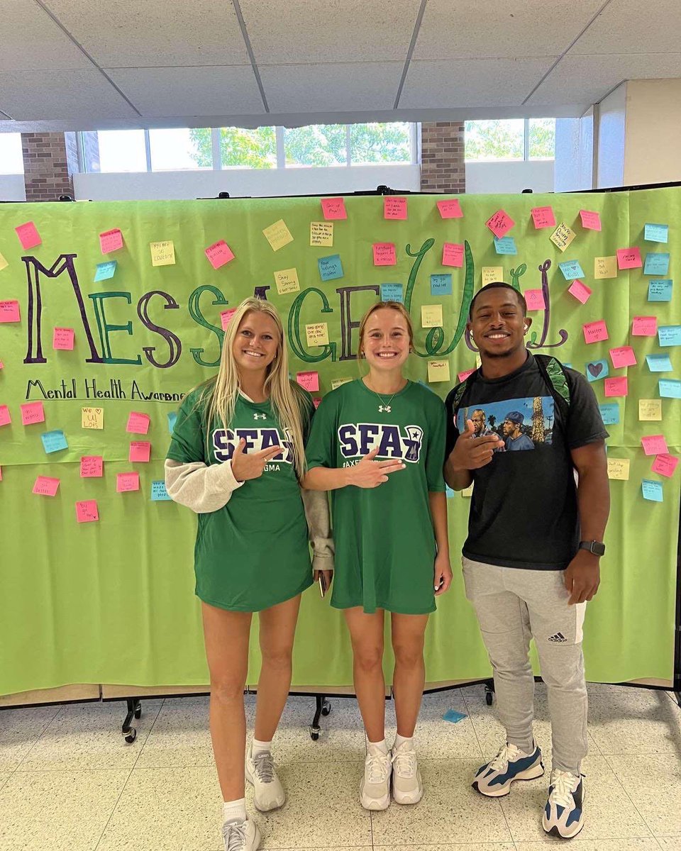 SFA_Soccer's tweet photo. Honored to be apart of the first day of Mental Health Week! 💜💚

#AxeEm x #RaiseTheAxe x #WinInTheDark x #AxeTheStigma https://t.co/e8bhuahqaF