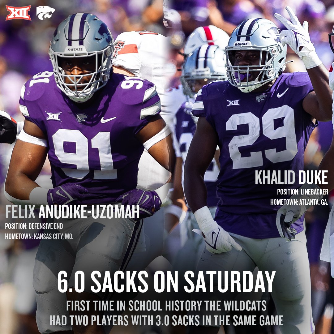 𝐓𝐡𝐞 𝐖𝐢𝐥𝐝𝐜𝐚𝐭 𝐃𝐞𝐟𝐞𝐧𝐬𝐞 🔥 K-State’s Felix Anudike-Uzomah and Khalid Duke each had 3.0 sacks on Saturday. It was the first time in school history the Wildcats had two players with 3.0 sacks in the same game. #Big12FB x @fanudike x @KDuke111