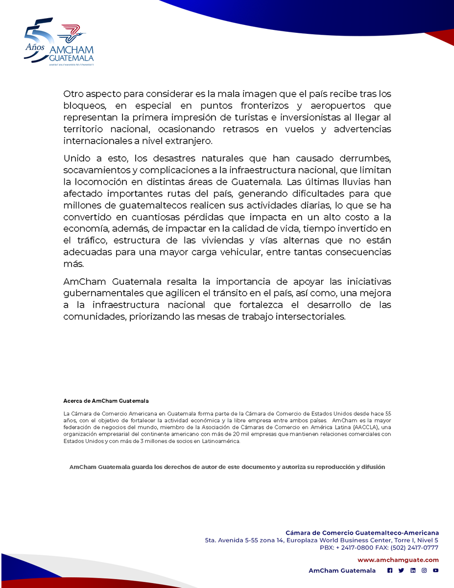 AmChamGT's tweet photo. #ComunicadoAmChamGT | Hacemos un llamado a los distintos sectores para unirnos por el desarrollo del país, fomentando medidas proactivas y el diálogo para proponer soluciones que beneficien a la población.

#Bloqueos #TráficoGt #Infraestructura https://t.co/22JbNuMZBY