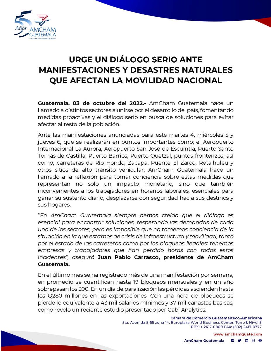 AmChamGT's tweet photo. #ComunicadoAmChamGT | Hacemos un llamado a los distintos sectores para unirnos por el desarrollo del país, fomentando medidas proactivas y el diálogo para proponer soluciones que beneficien a la población.

#Bloqueos #TráficoGt #Infraestructura https://t.co/22JbNuMZBY