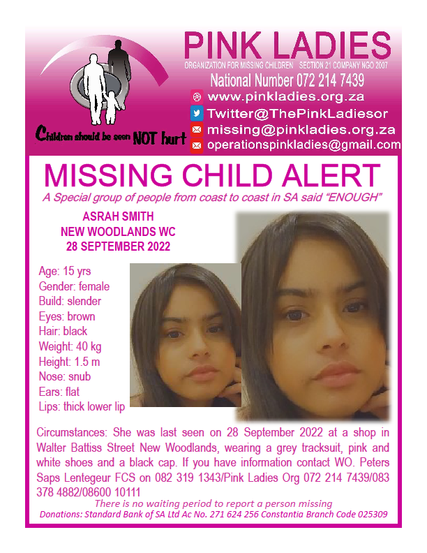 ThePinkLadiesOr's tweet photo. #MISSINGPinkLadies @ThePinkLadiesOr
MISSING: Lentegeur WC Asrah Smith 15yrs 28 September 2022
NOTE: Admin will make any necessary announcements once confirmed by Saps and/or press releases. 
Jacs Thomas – Director Pink Ladies Org
#Missing https://t.co/tIHdmr32KH