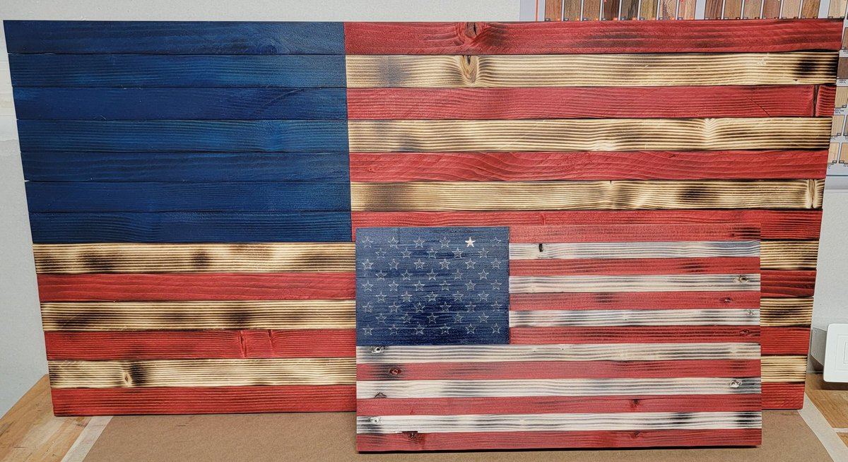 2 flags nearly done, and both are being given away. The large is being donated to a silent auction to raise money for veterans, small is being given to a local marine vet that has had some struggles transitioning to civilian life.
#53woodworking #america #veterans #woodworking