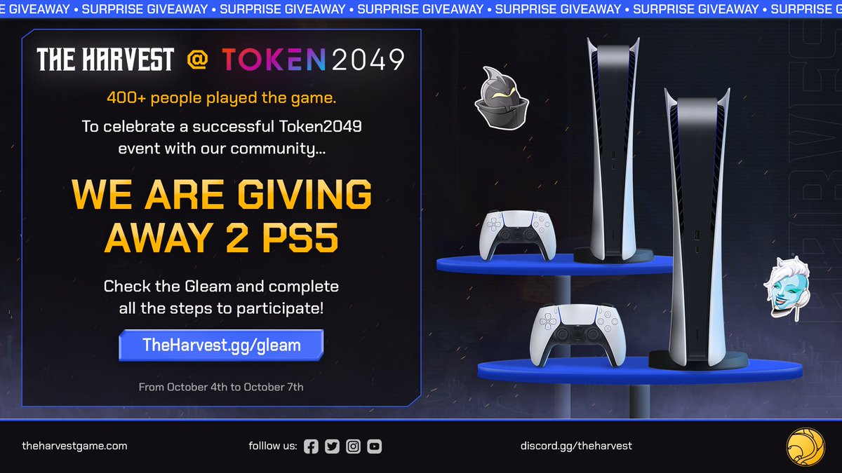 TheHarvestGame's tweet photo. We just had an amazing in-person event @ Singapore the #Token2049 🔥 with +400 ppl joining our booth for an amazing LAN PARTY 🤩

To celebrate this we're giving away two PS5 🥳
👇Just follow the steps on:
https://t.co/i4p9Y33tok

pics of the event 🧵 https://t.co/zjCdn4YcPl