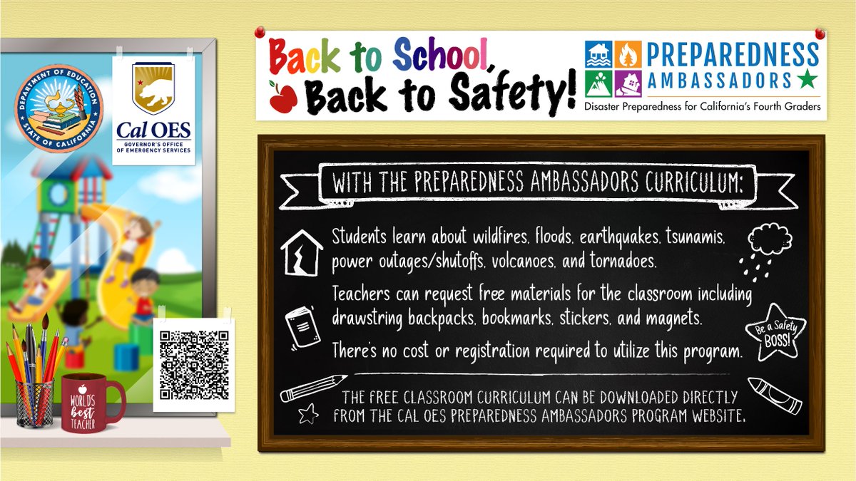 Cal_OES's tweet photo. #PreparednessAmbassadors gives your students a headstart on learning how to prepare their homes and communities for the next disaster:
All curriculum available online and free 
Flexible for all learning abilities
Meets CA learning standards
Swag
@CalRecycle @Sac_coe @CADeptEd https://t.co/6jdsOyocqq