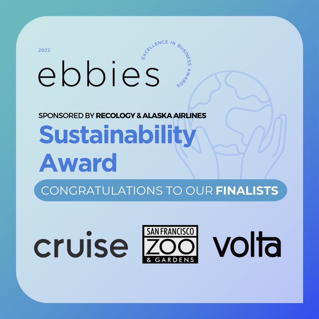 SF_Chamber's tweet photo. Announcing the Finalists for the #Ebbies 2022 Sustainability Award, sponsored by @RecologySF & @AlaskaAir! These businesses are exemplary in their commitment to our Cityโs overall #sustainability goals:
@Cruise
@sfzoo
@VoltaCharging
๐ Learn more here: https://t.co/Nch8bwIpSy https://t.co/STHU2gVIiE