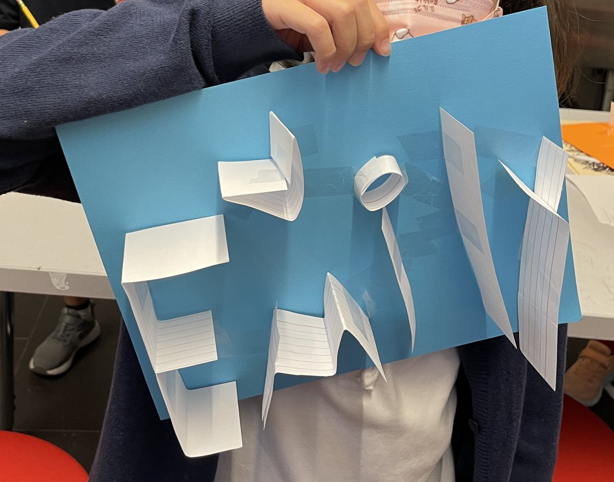 reidgreenblue's tweet photo. With our 2nd graders we made 2.5D name signs to keep at those basics (scissors skills, folding) but also get them thinking about about paper as a non-flat material. #makered #pyp #pypdesign https://t.co/XHK6FxiuFv