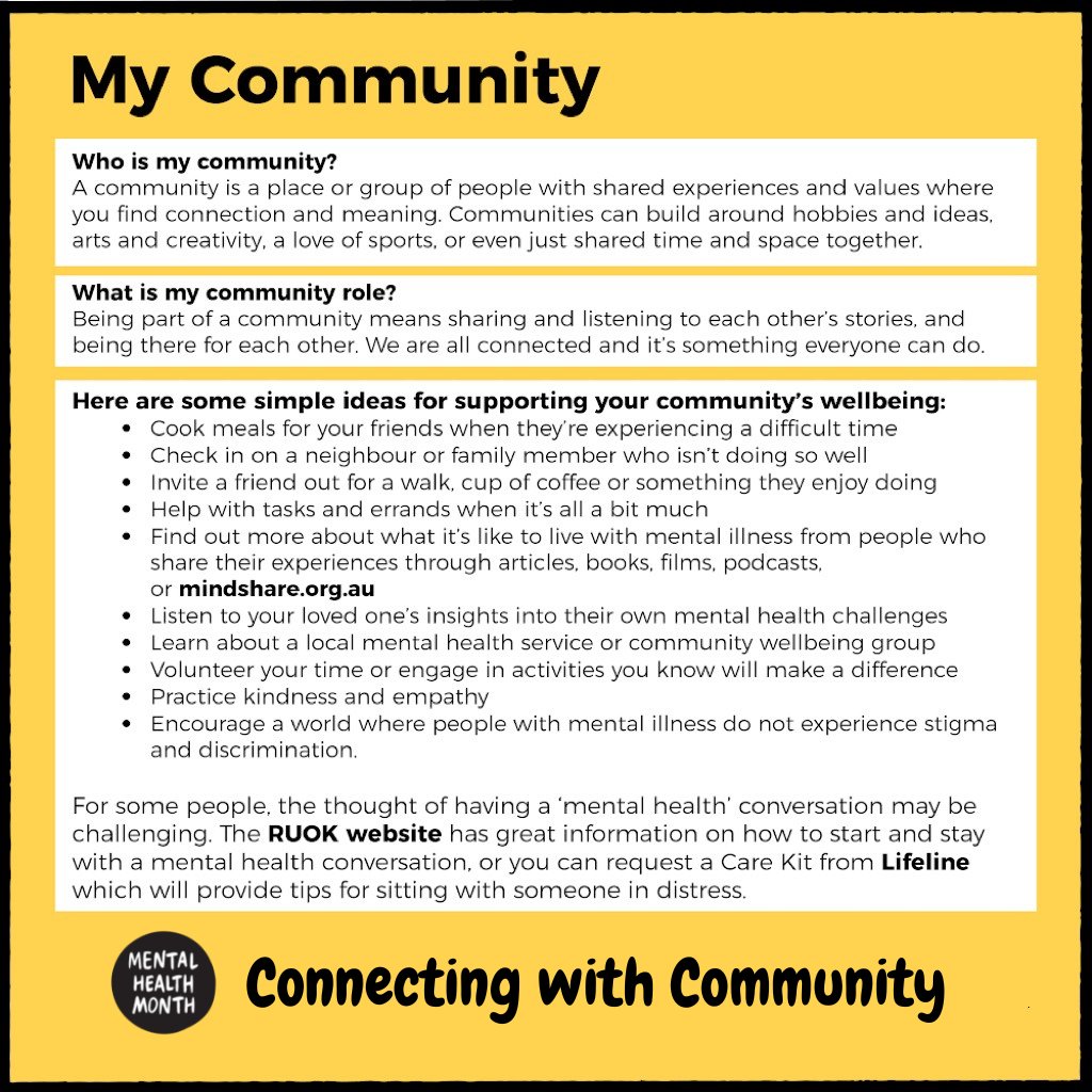 Sonder_SA's tweet image. This #MentalHealthMonth make sure you connect with your community and reach out to those who could be isolated. 

By #connectingwithcommunity, we can support others' as well as our own wellbeing.

Sonder is proud to be supporting Mental Health Month this October @MHCoalitionSA