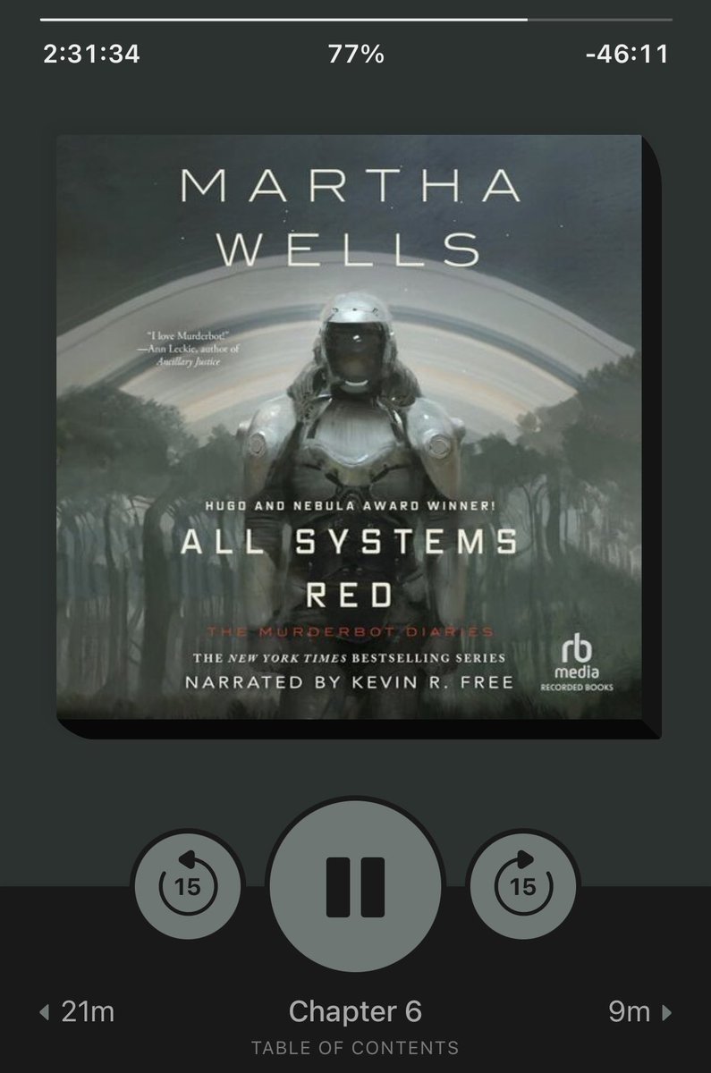 hdfatty's tweet photo. A murderous security droid hacks his governor module, gains sentience, becomes anxious around humans and copes by hiding in his room and binging tv shows…it’s strangely relatable.
#AllSystemsRed #MurderbotDiaries #LibraryAudiobook #Libby https://t.co/qHoZUpu79v