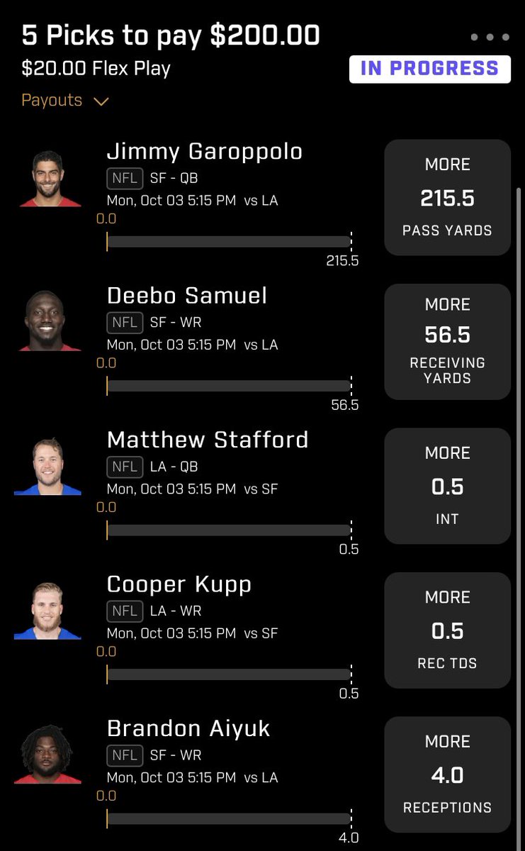 Rooting for Pornstar Jimmy and the Niners to both cover -2 and throw the pigskin all over the field tonight! Here is the Prize Picks Flex Play for tonight! Use Promo Code: DSG for $100 matched deposit!