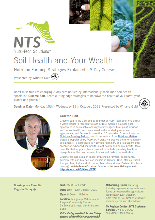 NTS Health (@ntshealth) on Twitter photo Don't miss out on our 3 day Soil Health and Your Wealth Course at Manjimup WA, 10 - 12 October 2022!
Seats are limited. To register contact NTS on 07 54729900 or email sales@nutri-tech.com.au. Don't miss out on our 3 day Soil Health and Your Wealth Course at Manjimup WA, 10 - 12 October 2022!
Seats are limited. To register contact NTS on 07 54729900 or email sales@nutri-tech.com.au.