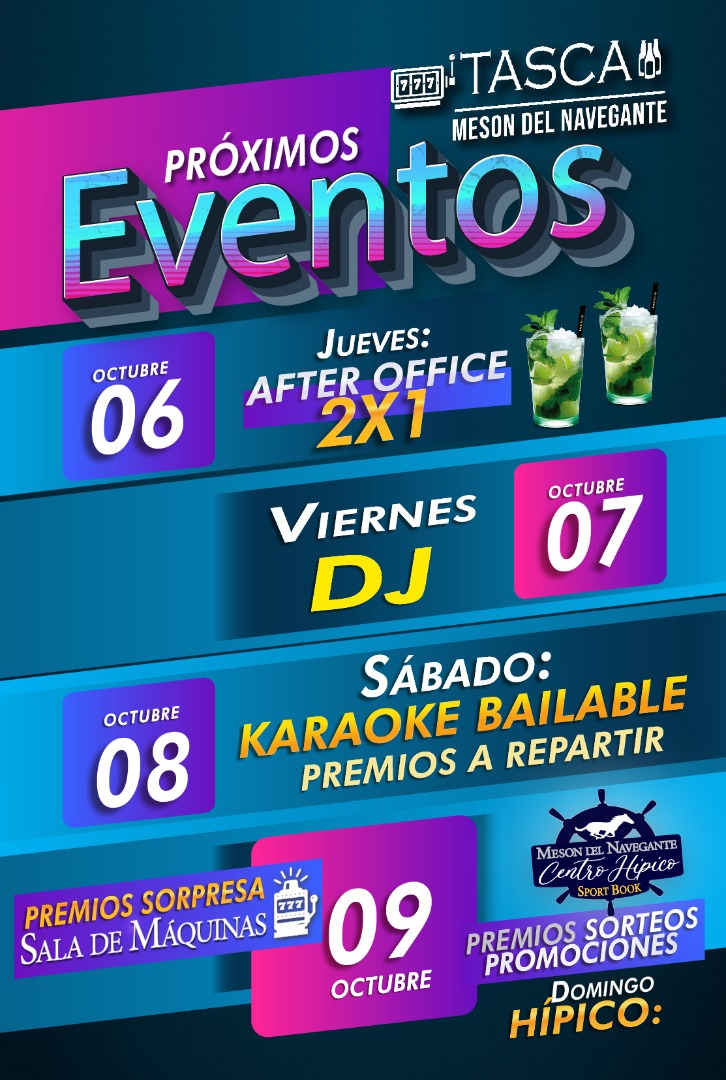 grupotrackandra's tweet photo. 🗣️ATENCIÓN 🗣️ Calendario de eventos. 
✔️Jueves de Affter Office 2x1 en cócteles. 
✔️Viernes noche de Djs. 
✔️Sábado de Karaoke bailable co. Premios para el mejor cantante y 2do premio de consolación. 
✔️Domingo Hípico sorteos, premios y sorpresas con bonos globos

#Eventosccs https://t.co/WSvR7u6Gn1