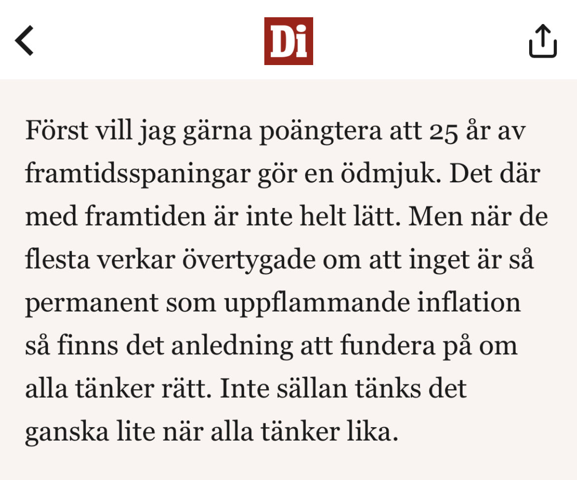 CarolineMarder's tweet photo. ”Inte sällan tänks det ganska lite när alla tänker lika”. Återigen ger ⁦⁦@Mitelman⁩ ett klokt citat. För att våga tänka annorlunda och ifrågasätta flockens argument krävs mod - men det är väl det som särskiljer de som verkligen lyckas på börsen. ☺️ #finanstwitter https://t.co/suvF8w8ZZE