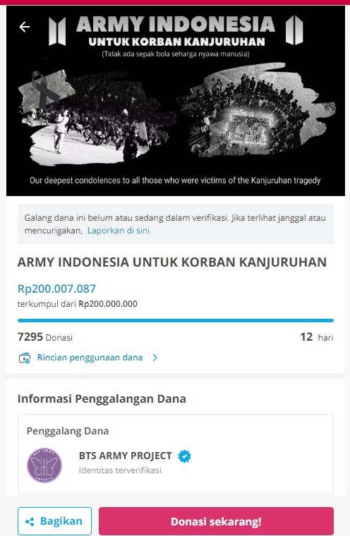 Terimakasih untuk BTS Army Indonesia yang sejak penggalangan dana dimulai 3 Oktober 2022 hingga sekarang mengumpulkan 200jt dan masih terus bertambah.

Ini kalau tidak salah fans club mas-mas Korea Selatan yang kemarin ada menu khususnya di MekDonal