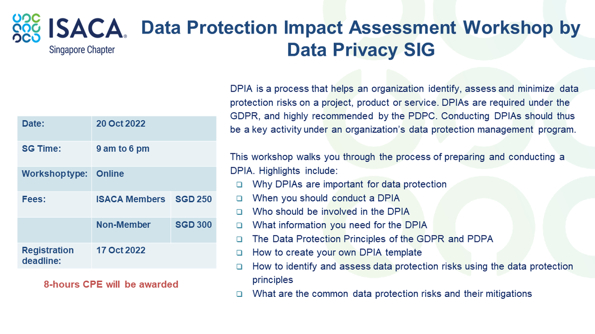isacaSG's tweet photo. ISACA SG Data Protection Impact Assessment Workshop

Date : 20 October 2022
Time : 9am to 6pm SG Time
Workshop Format: Online
Fees : ISACA Members : SGD250
             Non-Member      : SGD 300

Registration : https://t.co/ow3INP9lT0 https://t.co/kEDXEro9ou