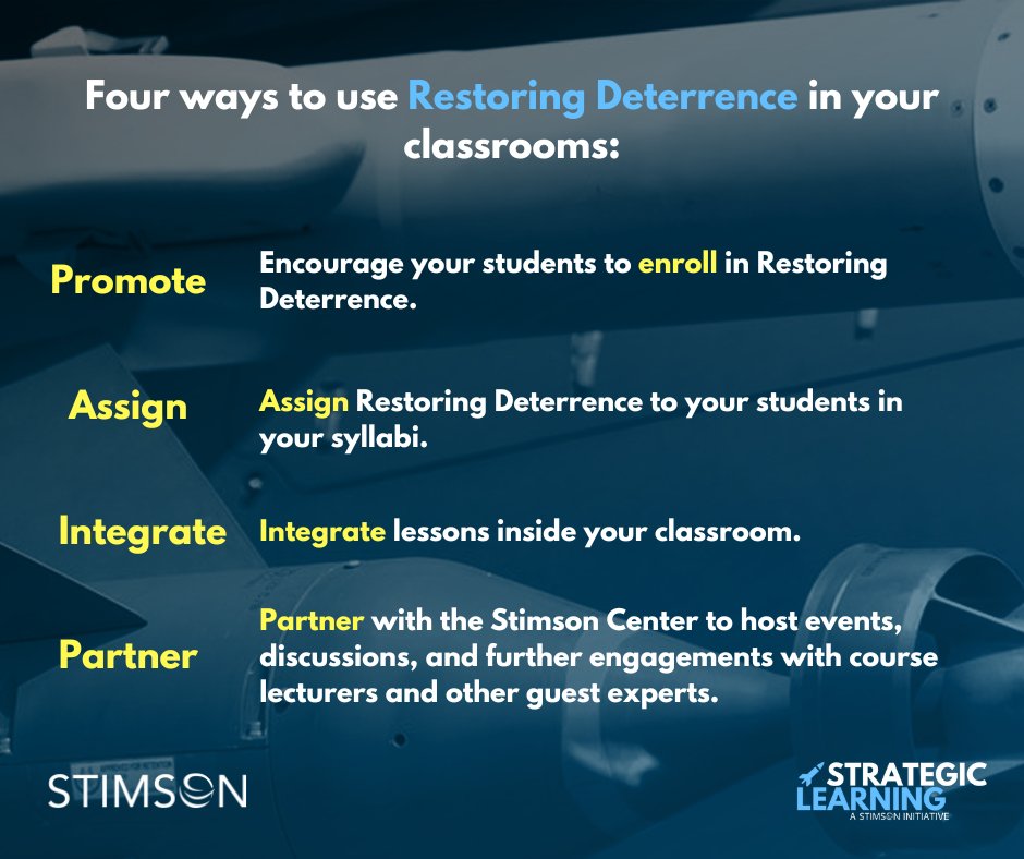 stratlearning's tweet photo. #TwitterProfessors

Our FREE online course, Restoring Deterrence, includes several interactive modules and expert interviews that can supplement your teaching this semester. 

Take a look at the four ways you can implement our courses into your syllabus. *down arrow https://t.co/gCvVhomXzb