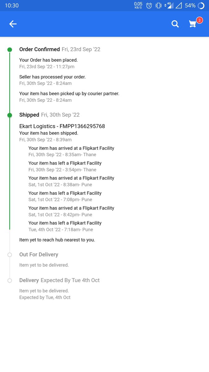 thethakaree's tweet photo. #FlipkartDoglaHai
#flipkartscam #FlipkartIsScamkart 
I order phone on 23rd September it was supposed to deliver by 27th September but they change delivery date to 4th October. From past 4 days my package is in Pune. But still its not out for delivery🤬 worst experience ever🤬 https://t.co/kNitajP7JW