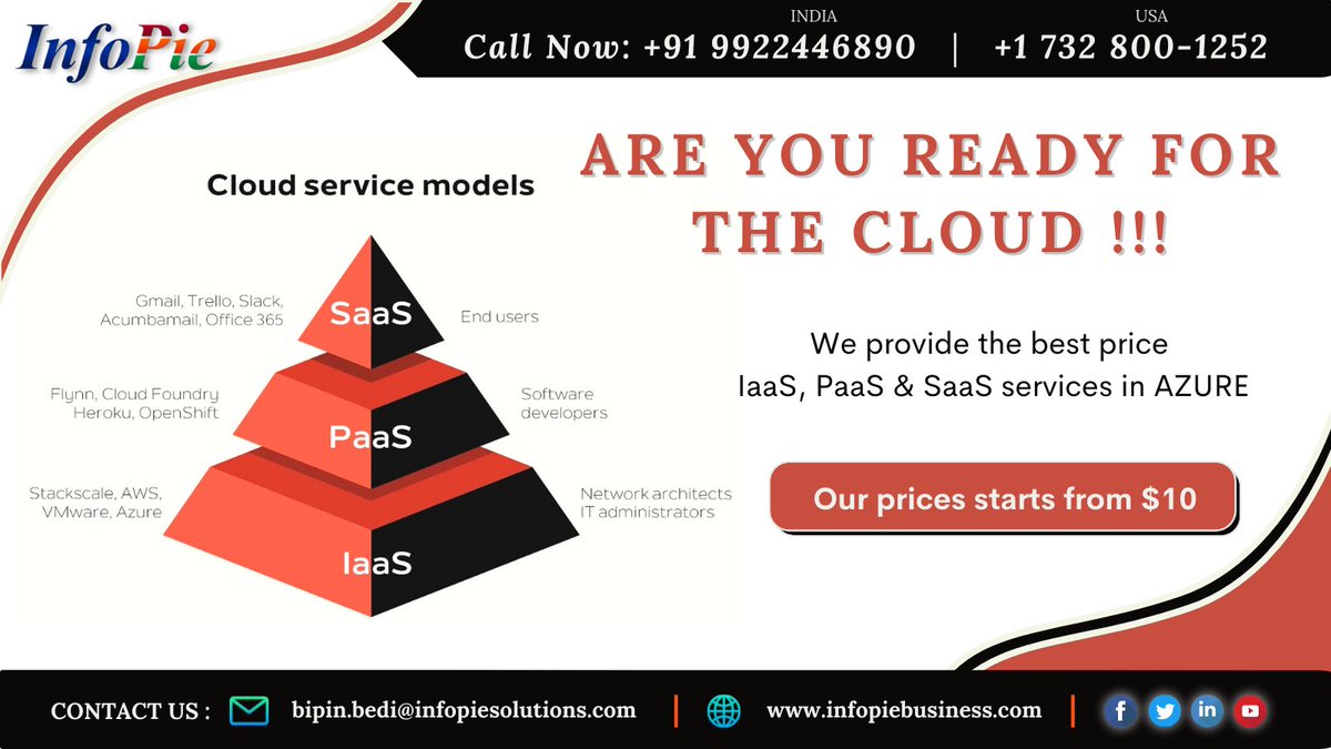 Are you ready for the cloud!!!
We provide the best price IaaS, PaaS &amp; Saas services in AZURE. Our prices start from $10.
Contact us for more details.
infopiesolutions.com/cloud-offering…
#CloudComputing #cloud #cloudsecurity #AWS #Azure #GoogleCloud #AzureCosmosDB #privateCloud #HybridCloud