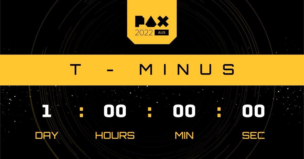PAXAus's tweet photo. 1 : 00 : 00 : 00 - See you tomorrow! 

Badge pick up opens from 4pm-8pm today.

Get The PAX App: https://t.co/DIkM7YaT41
#PAXAUS https://t.co/3f8IvfGQH9