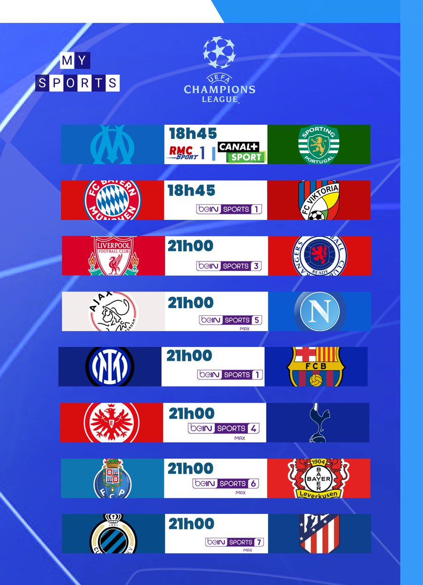 _MySports's tweet photo. 🚨 Le programme du soir en #UCL ! 🍿✨ https://t.co/yTYhWS7qK5