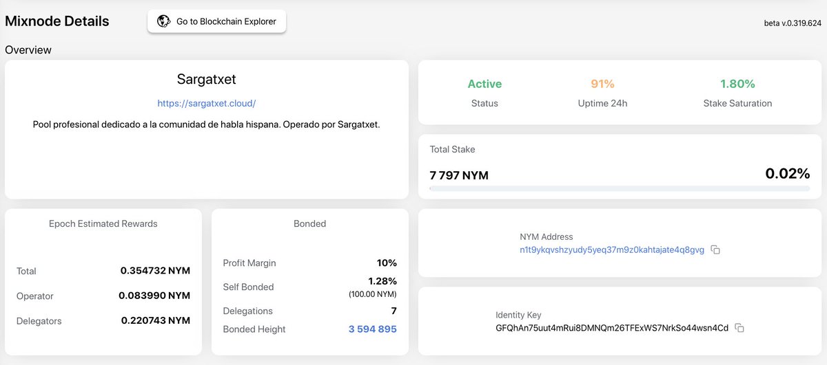 CriptoMonedasTV's tweet photo. BUENA NOTICIA: Nuestro #mixnode de #NYM ya está activo y listo para generar recompensas de #staking para los delegadores. Tenemos al momento 7797 $NYM delegados. Muchas gracias por tu apoyo.
https://t.co/zjhlb8DW4k https://t.co/HKjiGyXqfJ